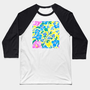 Pink and blue preppy flowers on yellow Baseball T-Shirt